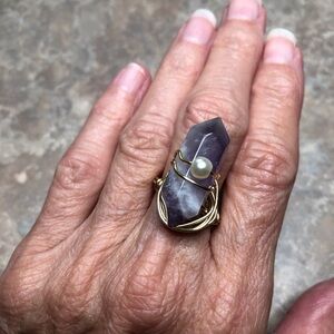 Gold and Purple Chevron Amethyst Ring with Fashion Pearl Accent